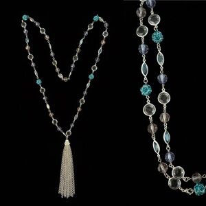 Avenue Long Sautoir Lariat Tassel Necklace Smokey Pastel Beads 38” Silver Chain